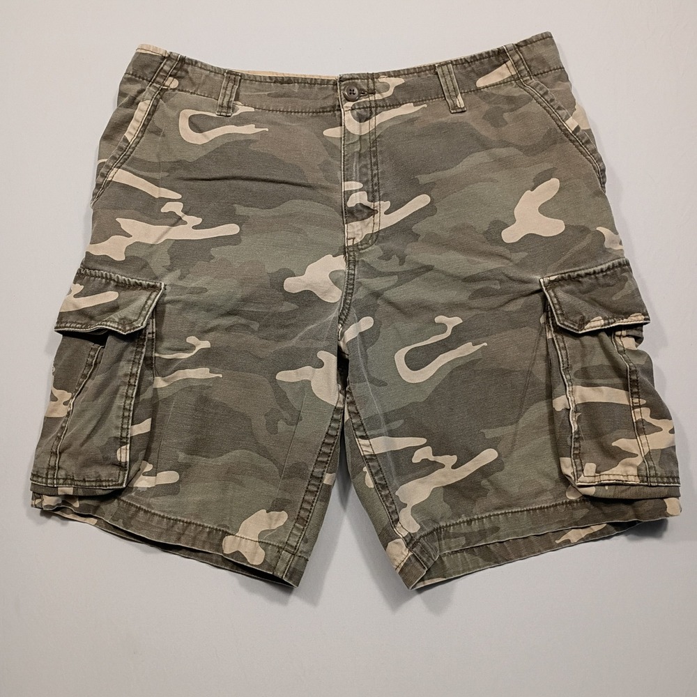 Faded Glory Cargo Shorts Mens 36 Camo Cotton Multi-Pocket Green Brown Camouflage